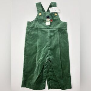 FLORENCE EISEMAN: Green Velvet Snowman Longalls Overalls Romper 12M NEW.
